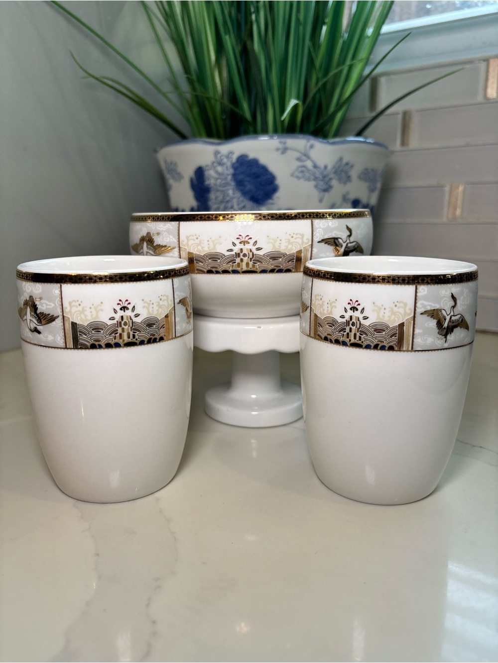Vintage Haengnam Korean Bone China Crane Tea Set 2 Cups 1 Bowl C'est Bien Gold